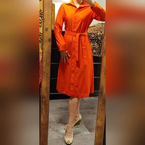 True '70s vintage button front belted long sleeve tomato red dress